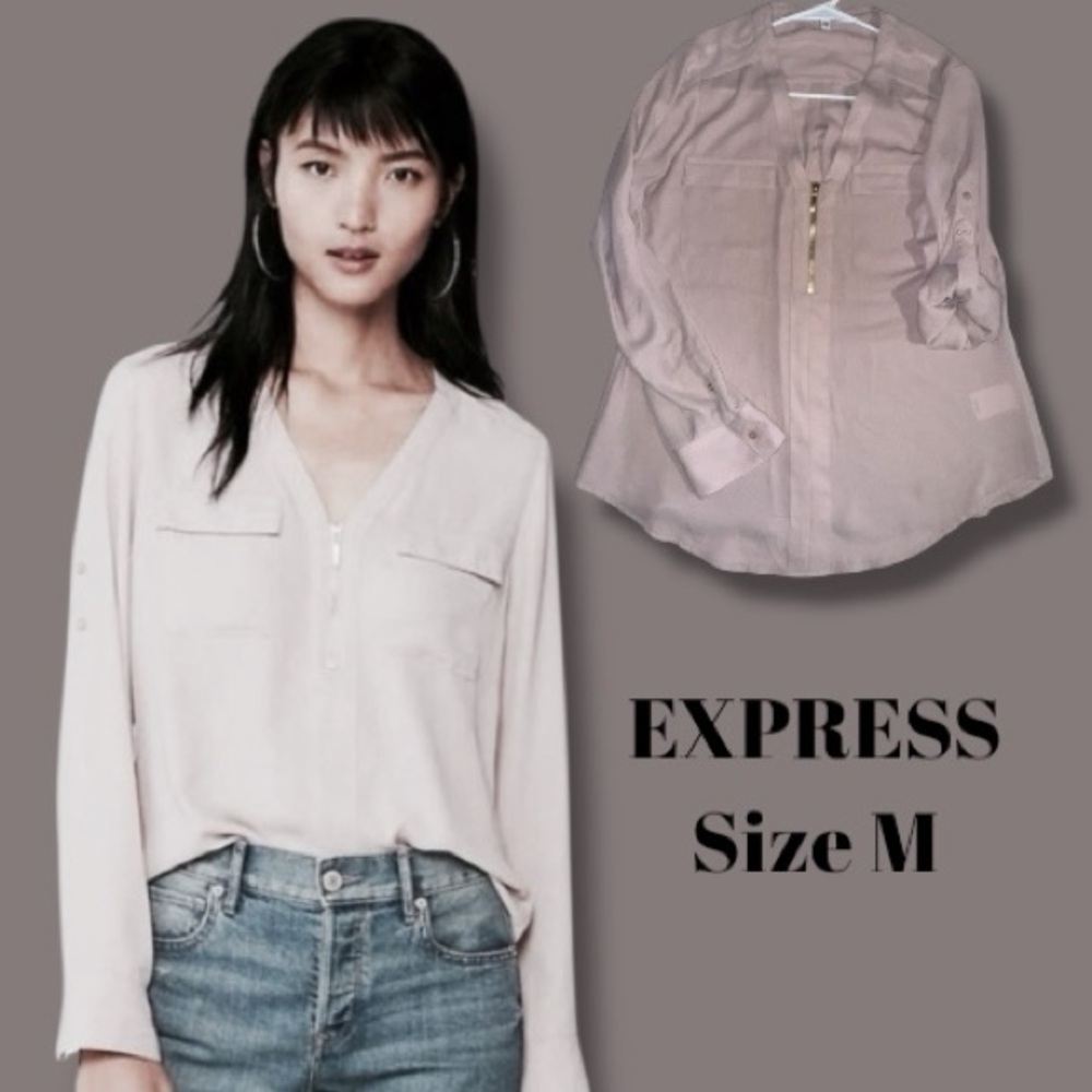 EXPRESS Blouse Chelsea Popover Pastel Dusty Rose Pink 1/4 Zip Tab Sleeves Size M